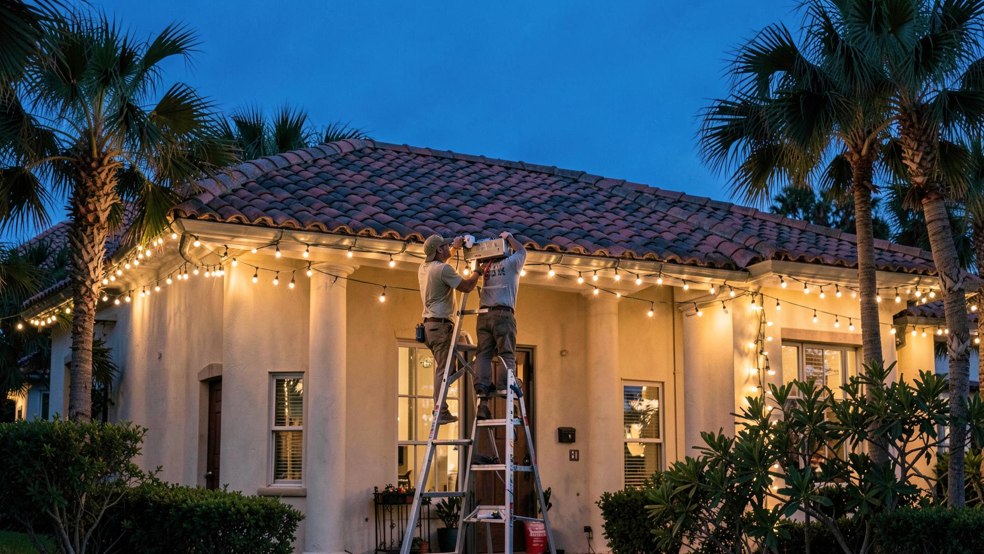 Happy Holiday Light Contractors installing C9 Christmas lights on a tile-roof home in Palm Harbor, FL